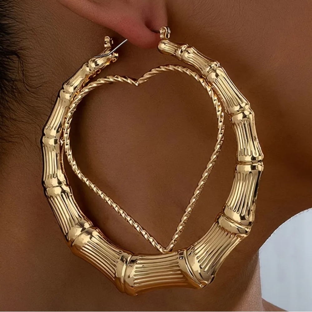 14k Gold Plated Bamboo Style Heart Hoop Earrings